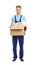 Portrait of moving service employee with cardboard box of belongings