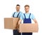 Portrait of moving service employees with cardboard boxes