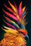 Portrait of multicolored bird, close-up, tropical exotic colorful bird, digital art