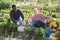 Portrait of a multinational family in the vegetable garden with a basket of harvested crops