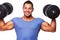 Portrait of muscle man on white background with dumbbels