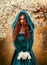 Portrait mystical fantasy red-haired woman witch looking at camera. Girl princess. Blue green medieval Victorian dress