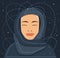 Portrait of a Mystical Young Muslim Woman in Hijab in Cosmos. Vector Illustration. Space Portrait