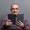 Portrait of a nerd holding book with retro glasses against gray background