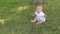Portrait of a newborn baby in the park in the summer, he sits on the green grass