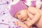 Portrait newborn baby sweetly a sleep in long gnome hat