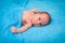 Portrait of newborn caucasian baby boy on blue plush plaid in selective focus
