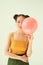 Portrait of nice cute lovable adorable attractive lovely cheerful cheery positive girl holding air baloon