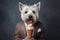 Portrait nice dog dog eating ice cream. west highland white terrier Generative AI