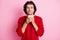 Portrait of nice dreamy peaceful guy drinking caffeine smelling isolated over pink pastel color background