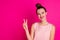 Portrait of nice lovely teen teenager make v-sign vacation student rejoice content candid dressed top-knot blouse pastel