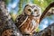 Portrait of a northern saw whet owl in a tree