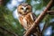 Portrait of a northern saw whet owl in a tree