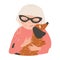 Portrait of old lady or woman holding his dachshund dog and hugging. Beautiful female cartoon character embracing