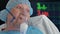 Portrait of old woman in oxygen mask on hospital bed against background of monitor with vital signs