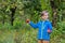 Portrait of one cute boy in a hat in the garden with a red apple, emotions, happiness, food. Autumn harvest of apples