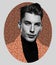 Portrait of one young handsome caucasian man in patterned jacket transforming into background of the image. red, black