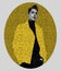 Portrait of one young handsome caucasian man in yellow patterned jacket transforming into background of the image. Black