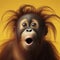 Portrait of a orangutan monkey with surprised expression on a yellow bright background. ai generative