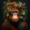 Portrait of a orangutan surrounded by flowers and leaves