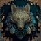 Portrait of ornate wolf, mystery art, dark background, wicca symbol, animal face