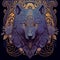 Portrait of ornate wolf, mystery art, dark background, wicca symbol, animal face