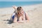 Portrait of overweight woman in one-piece swimsuit at sea