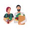 Portrait of pair of freegan man and woman holding fruits, vegetables and other products. Young couple carrying leftover