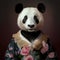Portrait of panda in human clothing. Creative portrait of wild animal on abstract background. Antropomorphic animal
