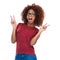 Portrait, peace and excited with a model black woman posing in studio isolated on a white background. Social media