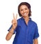 Portrait, peace sign or happy black woman in studio isolated on white background with smile or icon. Support, model or