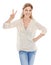 Portrait, peace sign and happy woman at studio for success isolated on a white background. Smile, fingers and v hand