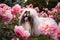 Portrait of Pekingese dog between flowers. Generative AI