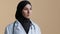 Portrait of pensive upset muslim arabian young woman doctor islamic gynecologist scientist physician in hijab headscarf