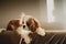 Portrait of a pet baby King Charles Cavalier sitting on a couch in a sunlight kissed home