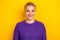 Portrait photo of beaming smile satisfied good mood blonde short hair girl wear violet sweater look you promo isolated