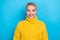 Portrait photo of funny overjoyed impressed reaction toothy beaming smile lady yellow knitwear shock ukraine win