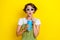 Portrait photo of impressed shocked woman bob brown hair wear 3d glasses specs poued lips drink soda nice film isolated