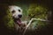 A portrait photo of a jack russell terrier in the woods, full profile. Photo with blurred background and blurred light.