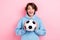 Portrait photo of young attractive gorgeous nice girl hold football ball soccer fan professional player competition