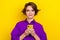 Portrait photo of young confident business lady smartphone wear violet shirt write her personal blog isolated on yellow