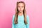 Portrait photo youngster funny preteen cute little schoolgirl wear blue jumper positive long blonde hair nice 