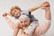 Portrait, piggyback or happy grandmother with a child playing or hugging with love in family home. Elderly grandma, kid