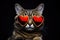 Portrait Pixiebob Cat With Heart Shaped Sunglasses Black Background