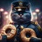 A portrait of a police cat with donuts on a street. Created with Generative AI