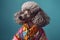 Portrait of a Poodle in colored designed clothes. Creative art. Generative AI