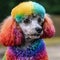 A portrait of a poodle with rainbow colored fur