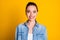 Portrait of positive cheerful candid girl look in camera toothy smile wear denim shirt isolated over vivid color