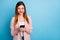 Portrait of positive cheerful girl ceo manager use smartphone read social network news repost subscribe share post wear