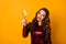Portrait of positive cheerful nice stunning girl give toast raise glass champagne enjoy prom party wear good look